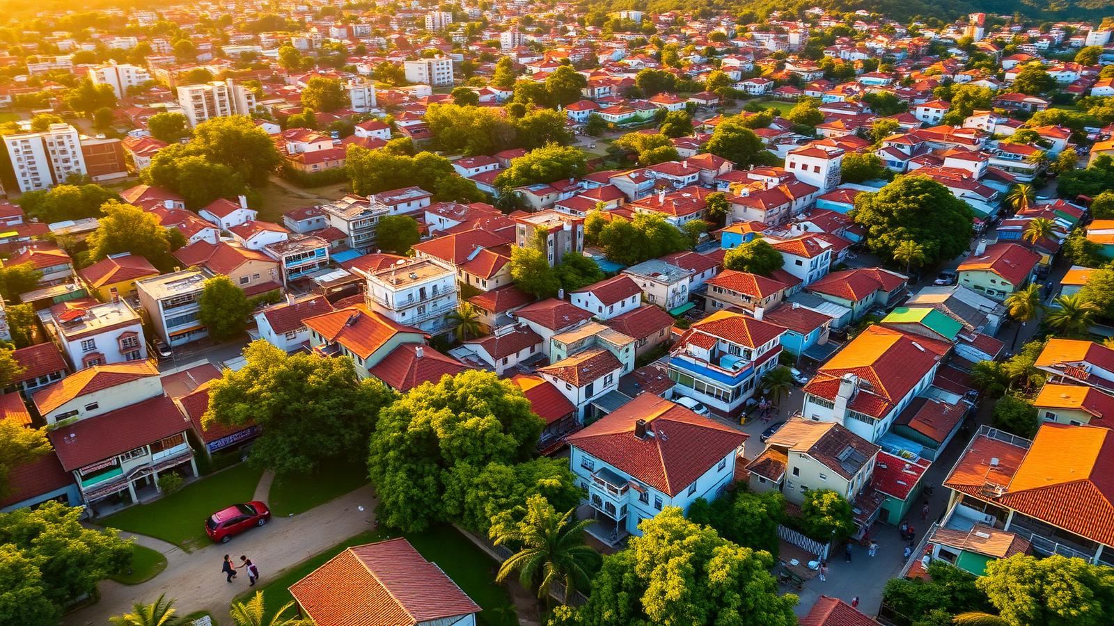 Vista aérea de uma cidade brasileira ao entardecer