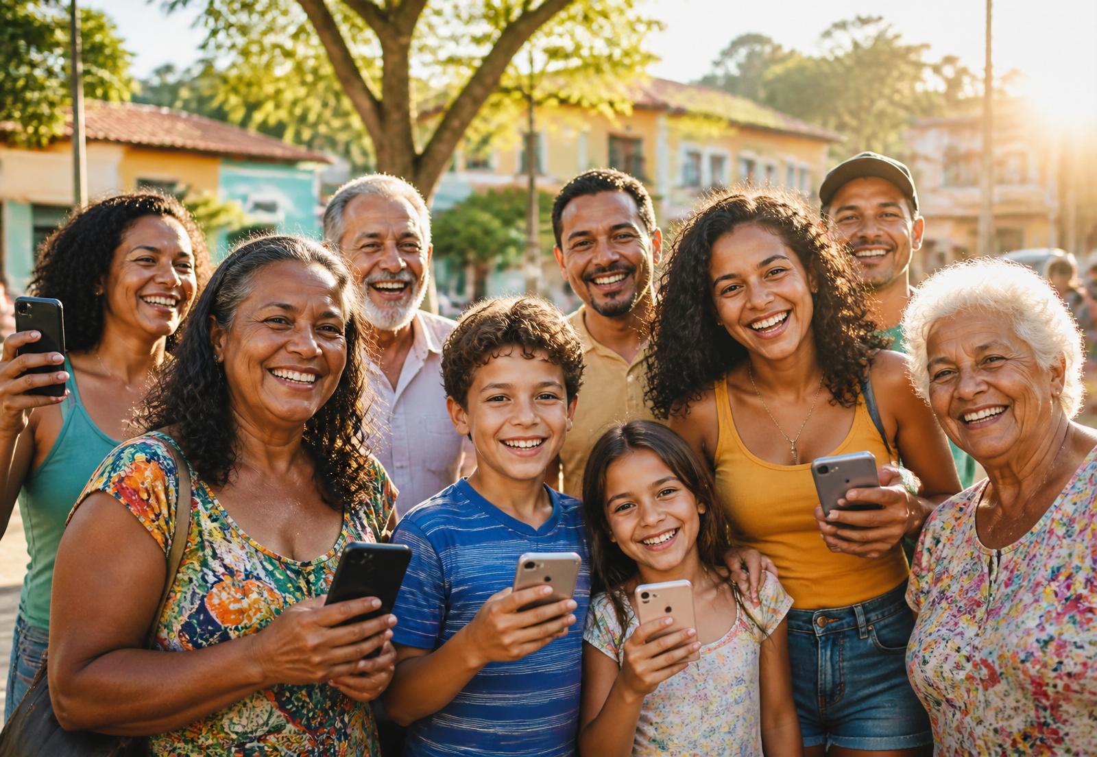 Comunidade de cidadãos felizes celebrando demandas resolvidas, com smartphones nas mãos
