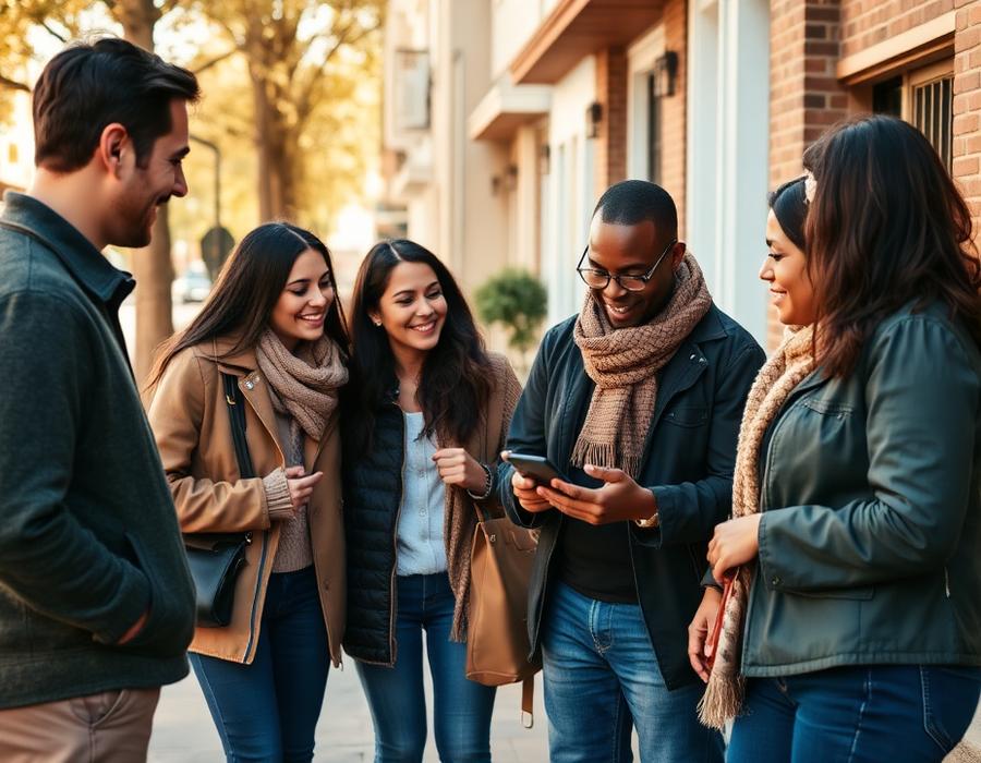 Grupo de vizinhos sorrindo e olhando o celular juntos