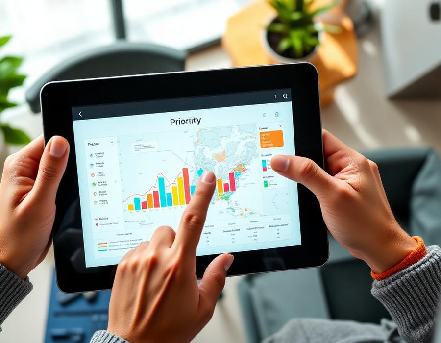Mãos analisando gráficos de prioridades em um tablet
